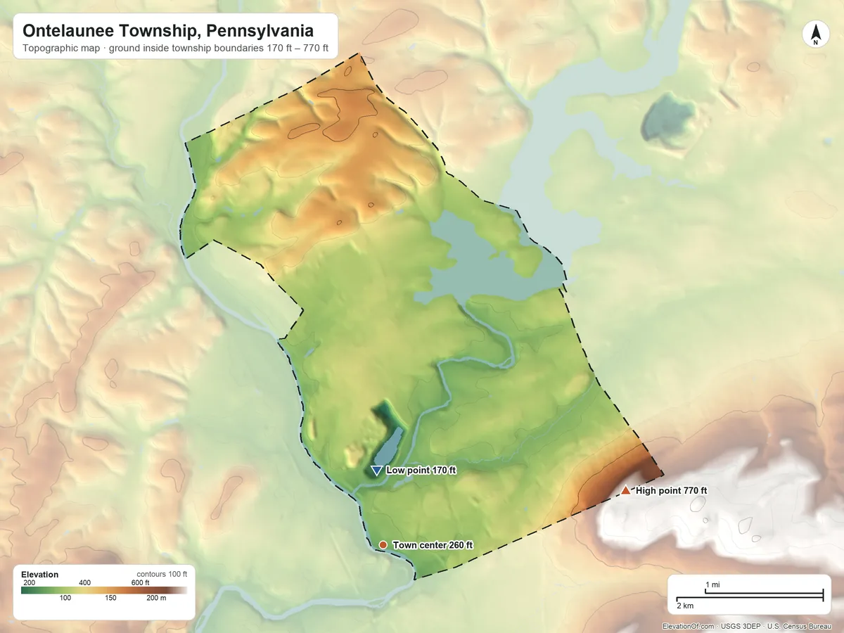Topographic elevation map of Ontelaunee Township, Pennsylvania, shaded from 170 ft on the north side to 770 ft on the east side