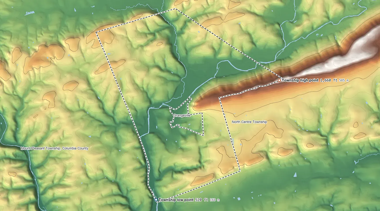 Topographic elevation map of Orange Township, Pennsylvania, shaded from 520 ft on the south side to 1,660 ft on the northeast side