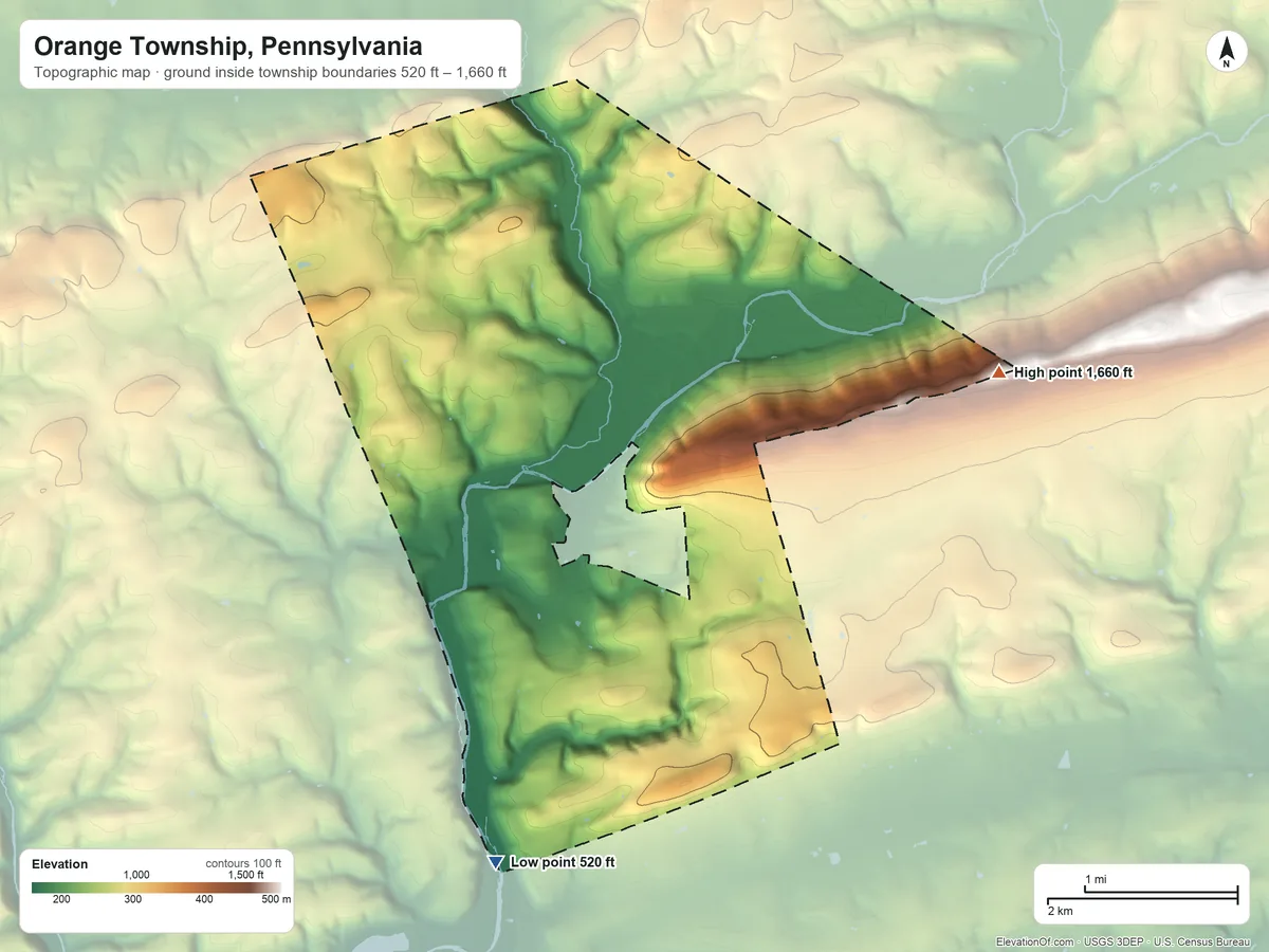 Topographic elevation map of Orange Township, Pennsylvania, shaded from 520 ft on the south side to 1,660 ft on the northeast side