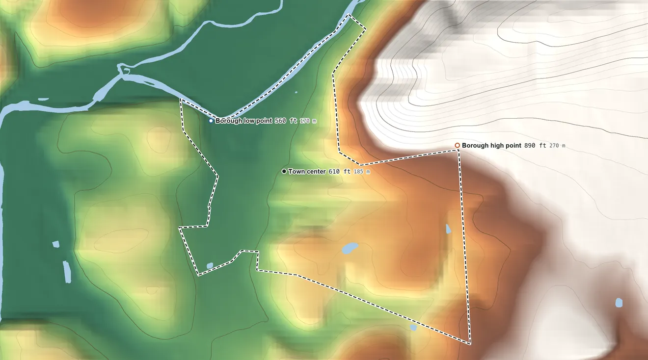 Topographic elevation map of Orangeville, Pennsylvania, shaded from 560 ft on the northwest side to 890 ft at the foot of the Muncy Hills