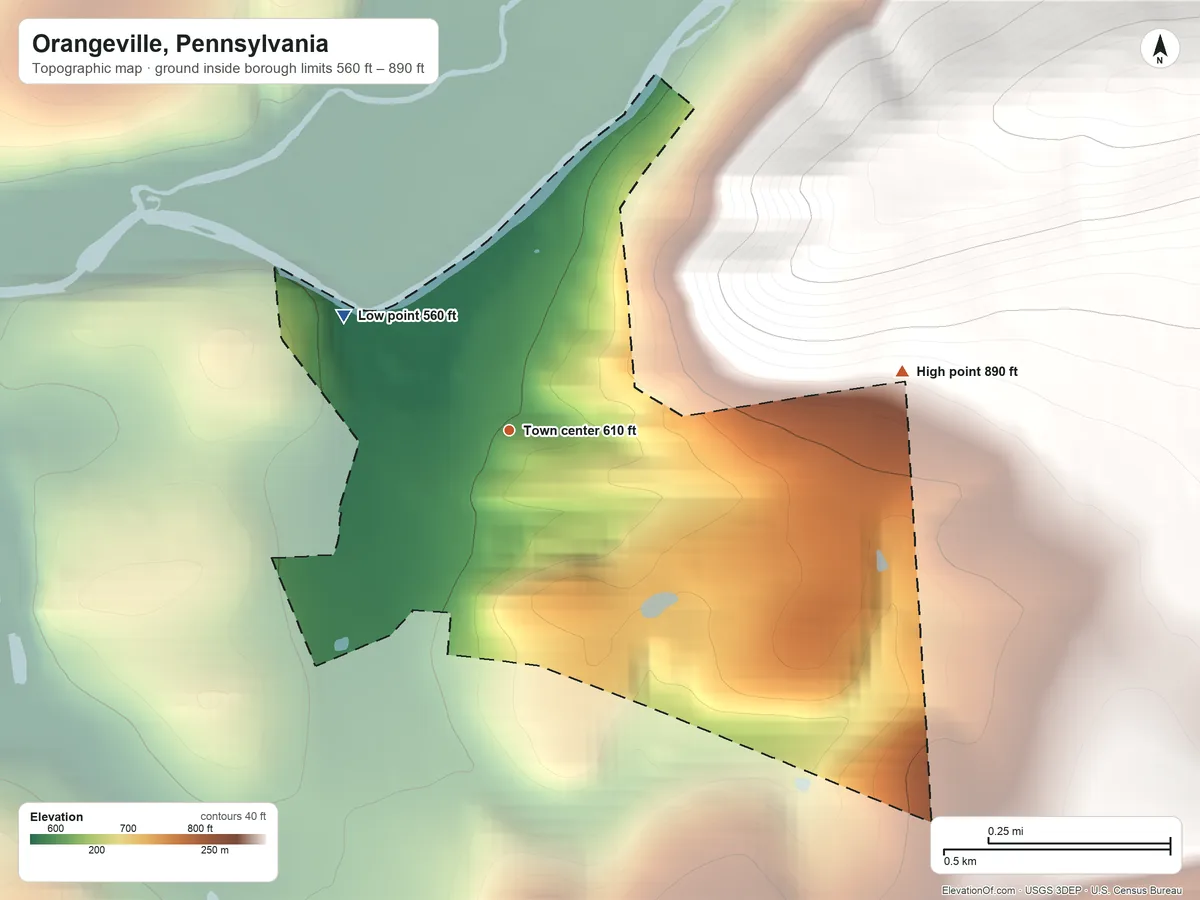 Topographic elevation map of Orangeville, Pennsylvania, shaded from 560 ft on the northwest side to 890 ft at the foot of the Muncy Hills