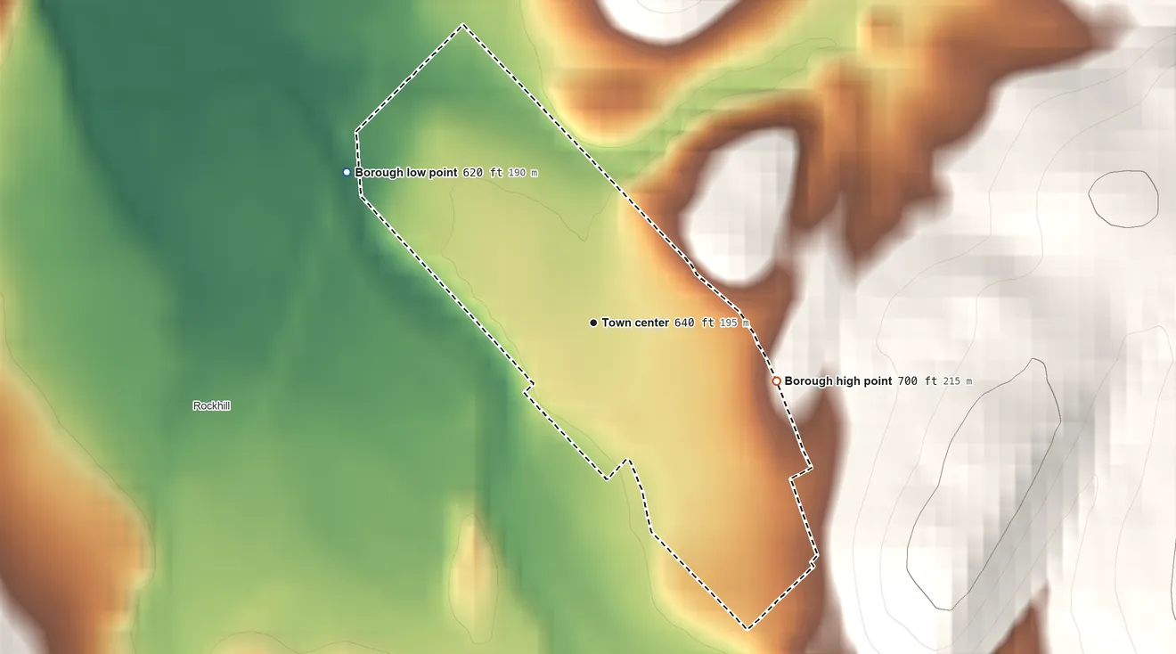 Topographic elevation map of Orbisonia, Pennsylvania, shaded from 620 ft on the northwest side to 700 ft at the foot of the Blue Mountain