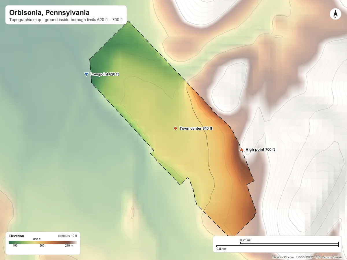 Topographic elevation map of Orbisonia, Pennsylvania, shaded from 620 ft on the northwest side to 700 ft at the foot of the Blue Mountain