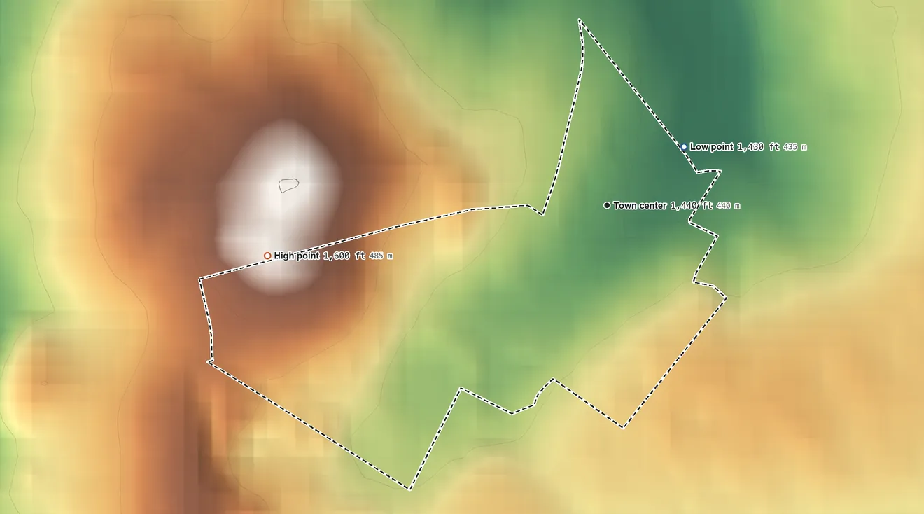 Topographic elevation map of Ore Hill, Pennsylvania, shaded from 1,430 ft on the northeast side to 1,600 ft at the foot of the Tussey Mountain