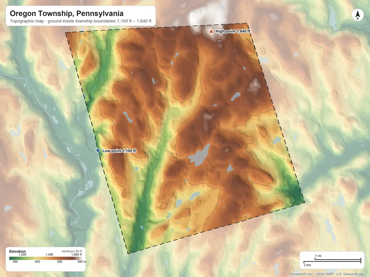 Topographic elevation map of Oregon Township, Pennsylvania, shaded from 1,100 ft on the west side to 1,640 ft on the north side