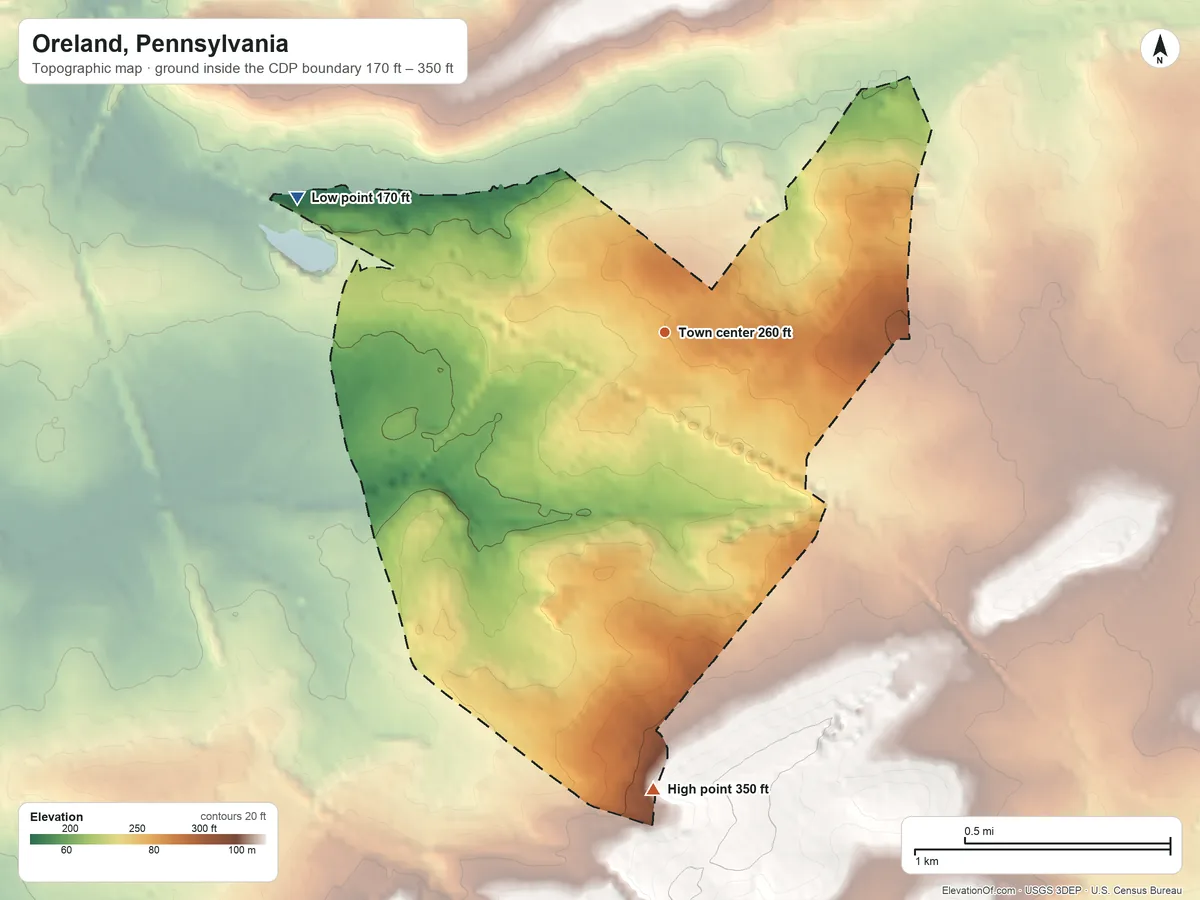 Topographic elevation map of Oreland, Pennsylvania, shaded from 170 ft on the west side to 350 ft on the south side