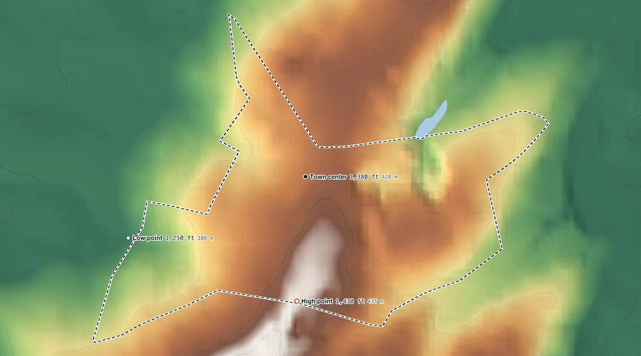 Topographic elevation map of Oreminea, Pennsylvania, shaded from 1,250 ft on the west side to 1,430 ft on the south side