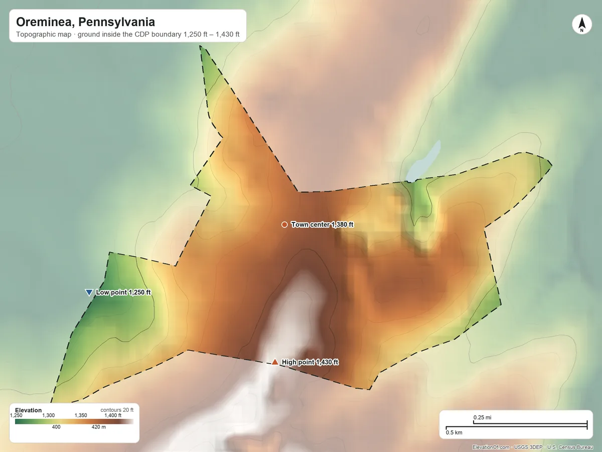 Topographic elevation map of Oreminea, Pennsylvania, shaded from 1,250 ft on the west side to 1,430 ft on the south side