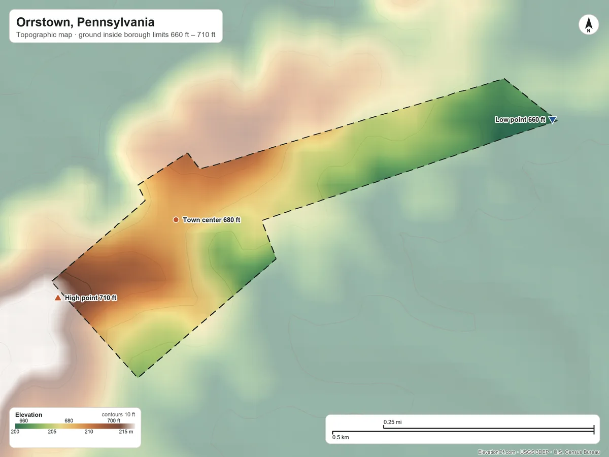 Topographic elevation map of Orrstown, Pennsylvania, shaded from 660 ft on the east side to 710 ft on the southwest side