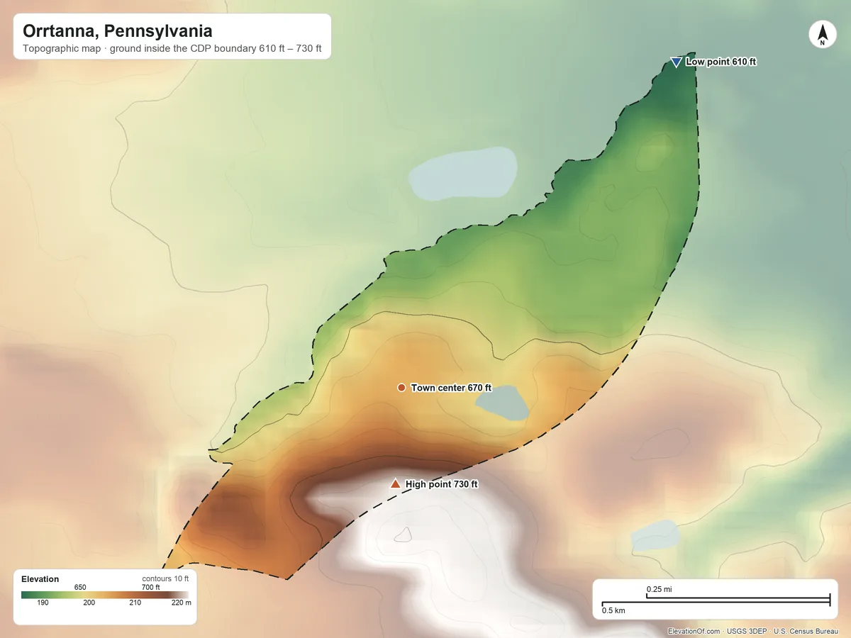 Topographic elevation map of Orrtanna, Pennsylvania, shaded from 610 ft on the northeast side to 730 ft at the foot of the South Mountain
