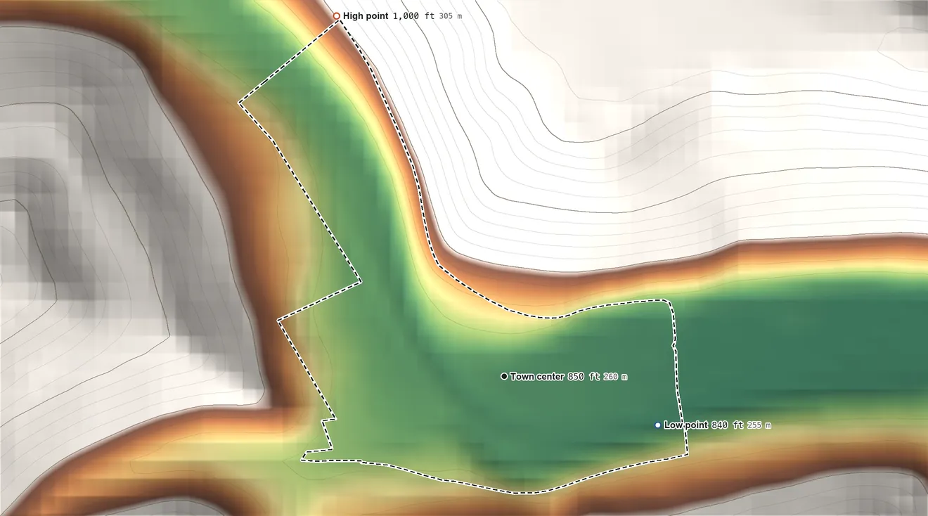 Topographic elevation map of Orviston, Pennsylvania, shaded from 840 ft on the east side to 1,000 ft on the northwest edge, below higher ground just outside