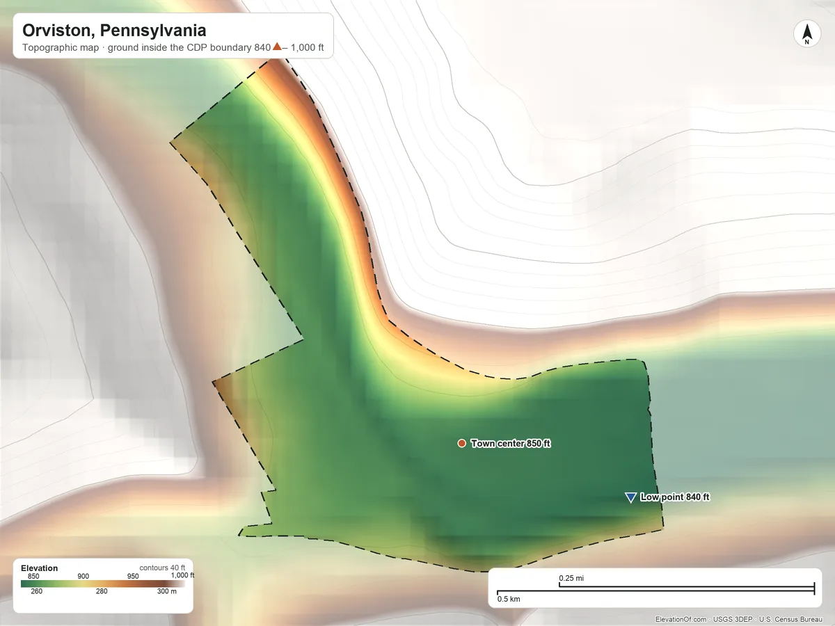 Topographic elevation map of Orviston, Pennsylvania, shaded from 840 ft on the east side to 1,000 ft on the northwest edge, below higher ground just outside