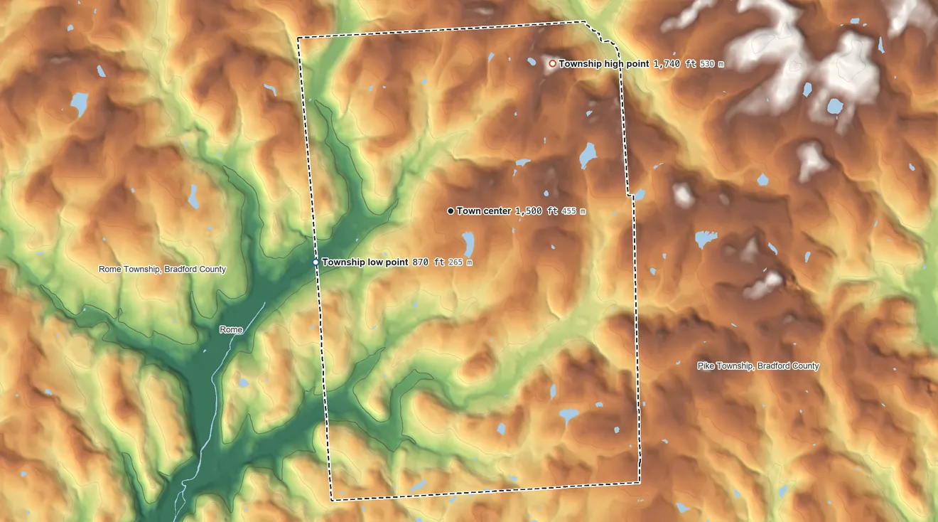 Topographic elevation map of Orwell Township, Pennsylvania, shaded from 870 ft on the west side to 1,740 ft on the northeast side