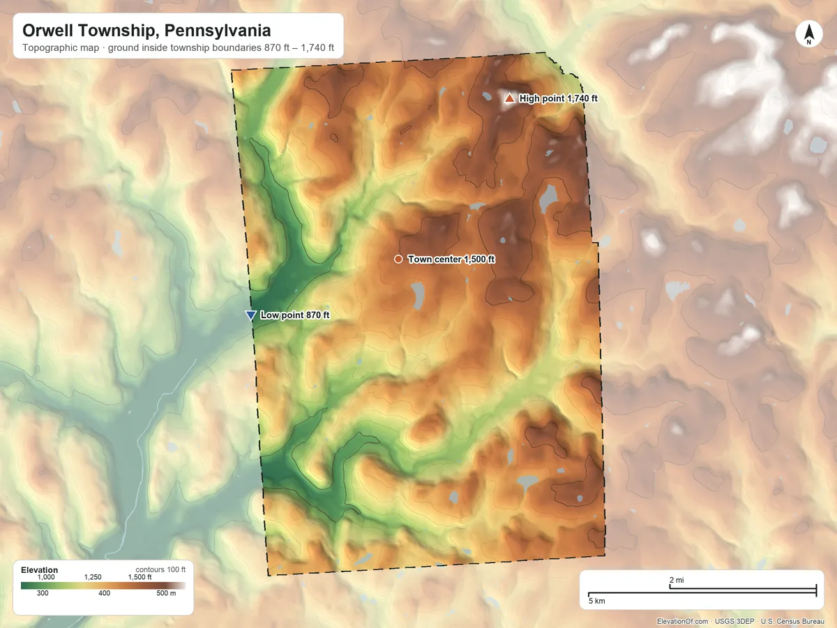 Topographic elevation map of Orwell Township, Pennsylvania, shaded from 870 ft on the west side to 1,740 ft on the northeast side