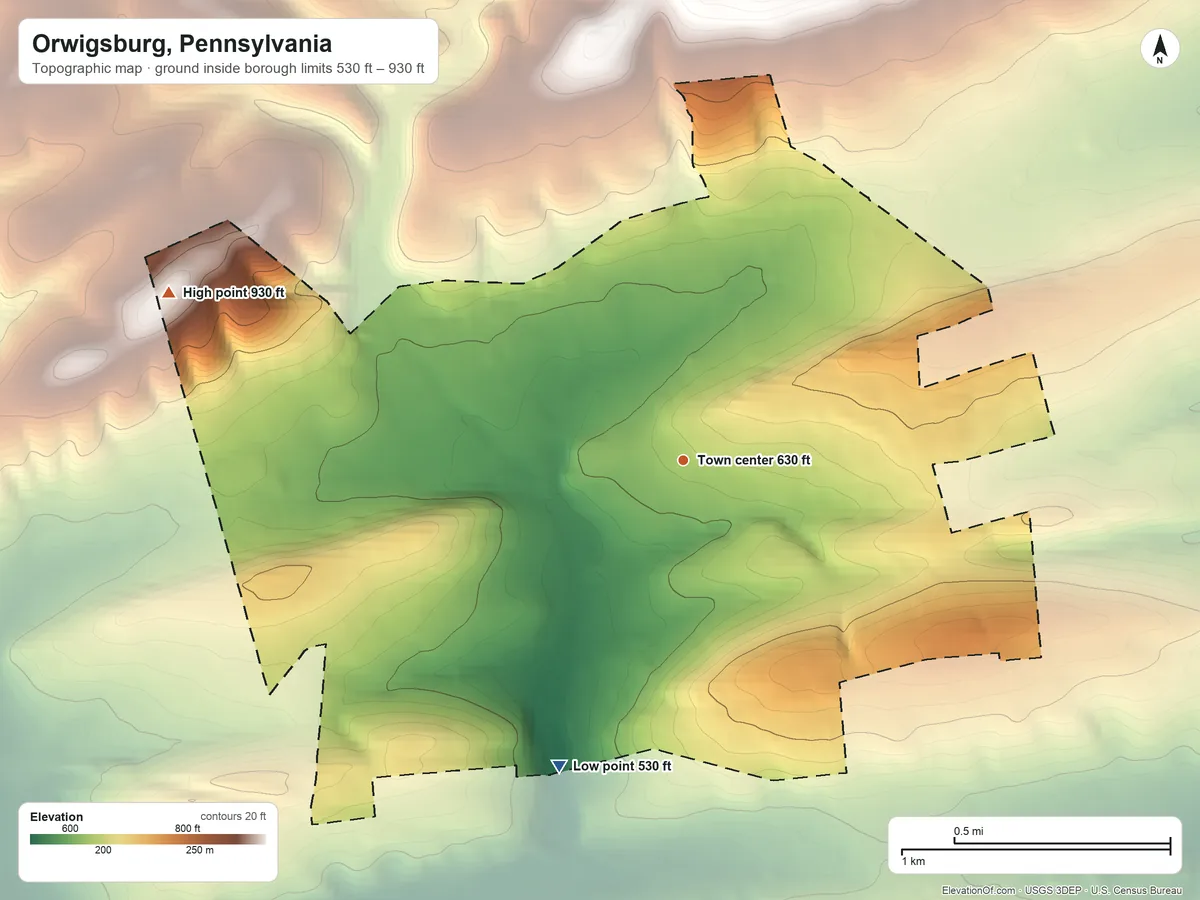 Topographic elevation map of Orwigsburg, Pennsylvania, shaded from 530 ft on the south side to 930 ft at the foot of the Broad Mountain