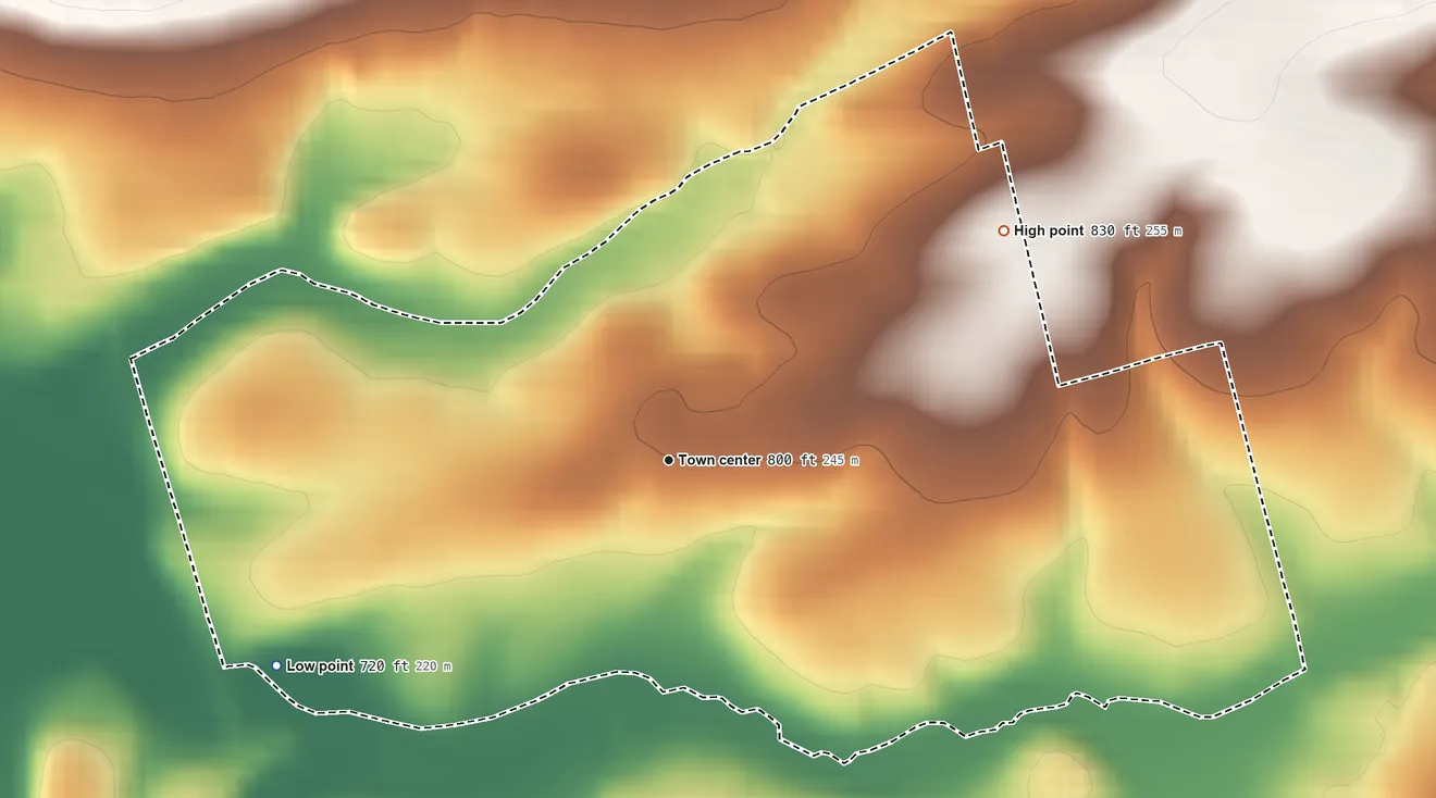 Topographic elevation map of Orwin, Pennsylvania, shaded from 720 ft on the southwest side to 830 ft at the foot of the Bunker Hills
