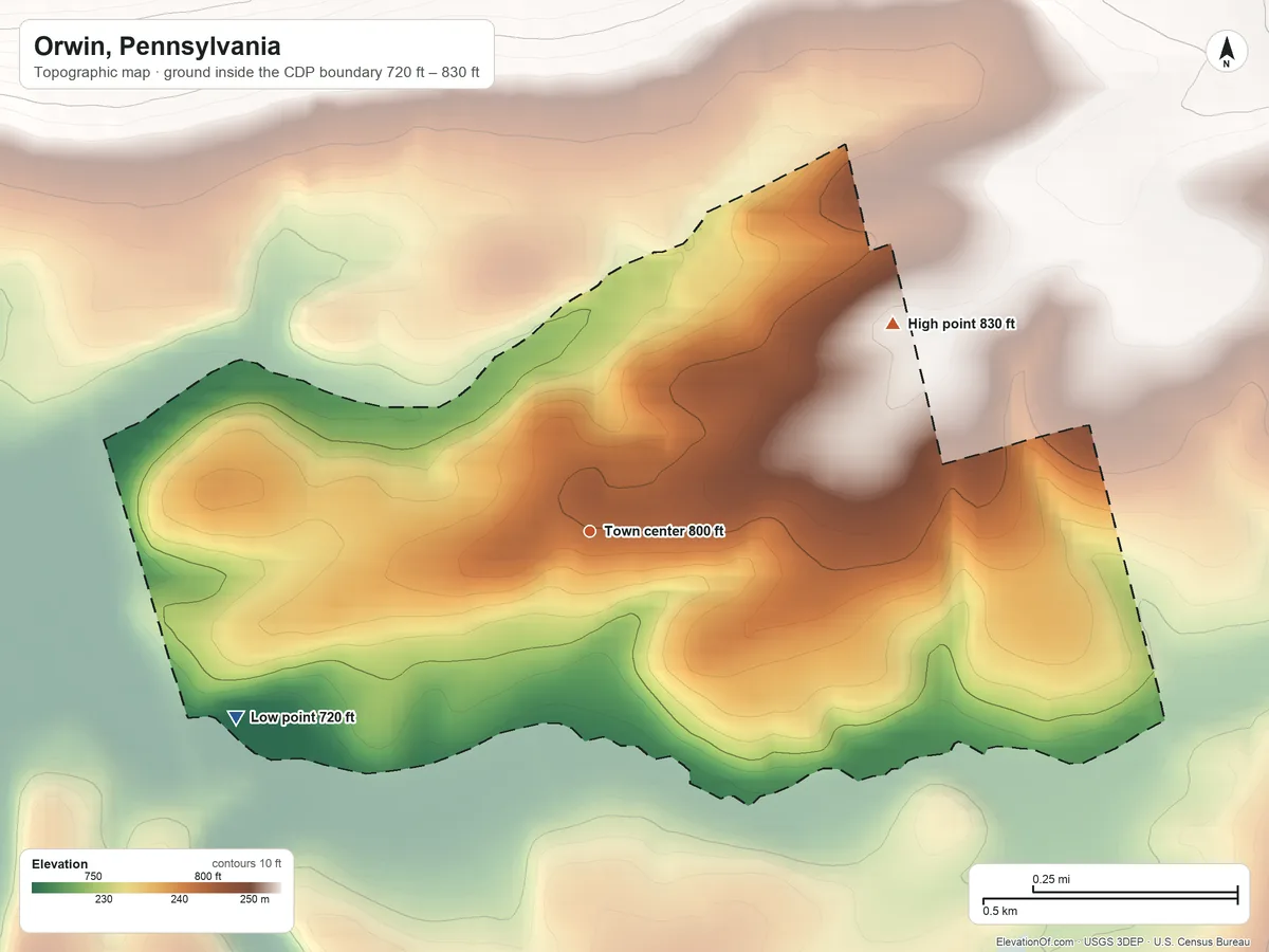 Topographic elevation map of Orwin, Pennsylvania, shaded from 720 ft on the southwest side to 830 ft at the foot of the Bunker Hills
