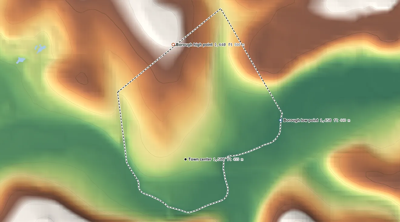 Topographic elevation map of Osceola Mills, Pennsylvania, shaded from 1,450 ft on the east side to 1,640 ft on the north side