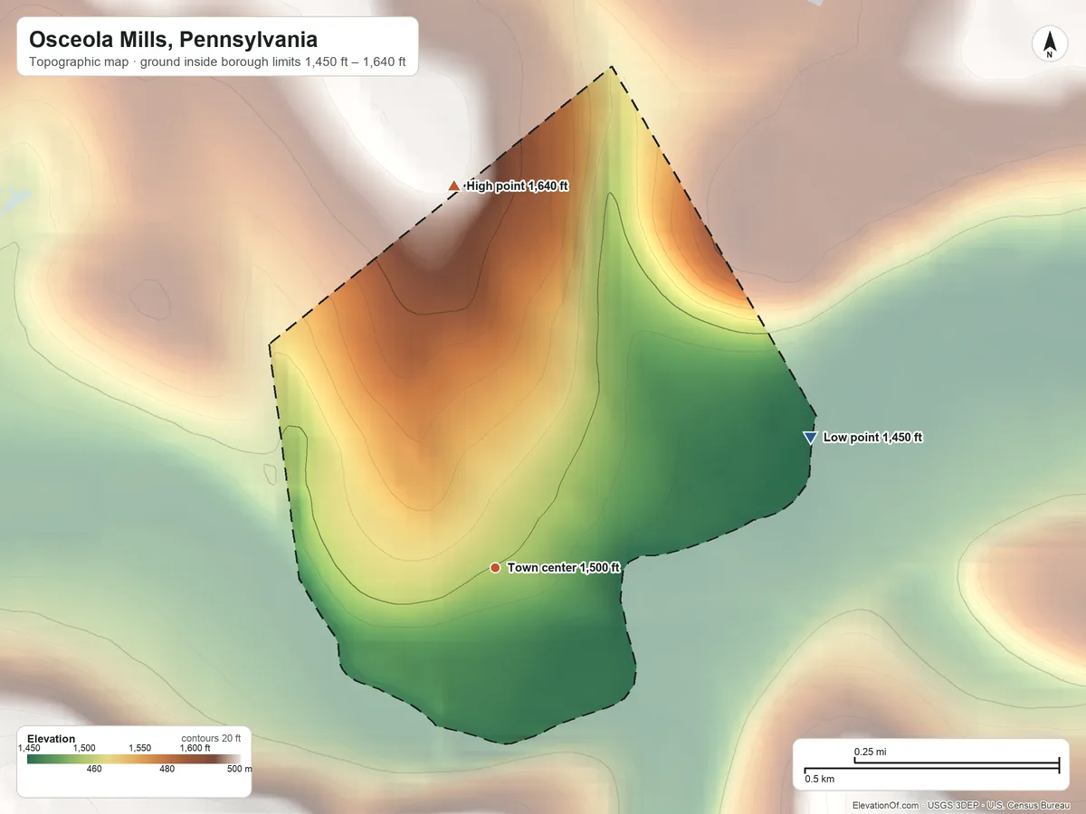 Topographic elevation map of Osceola Mills, Pennsylvania, shaded from 1,450 ft on the east side to 1,640 ft on the north side