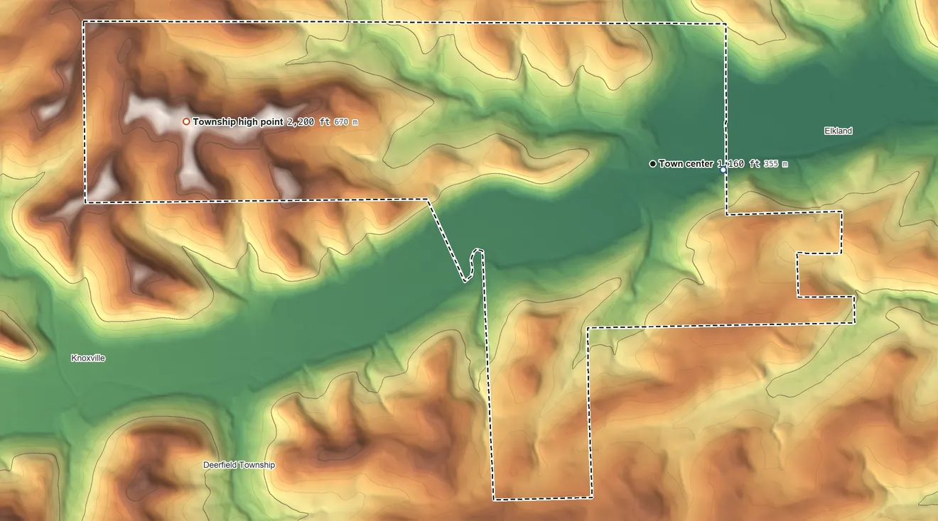Topographic elevation map of Osceola Township, Pennsylvania, shaded from 1,130 ft near the middle to 2,200 ft on the west side