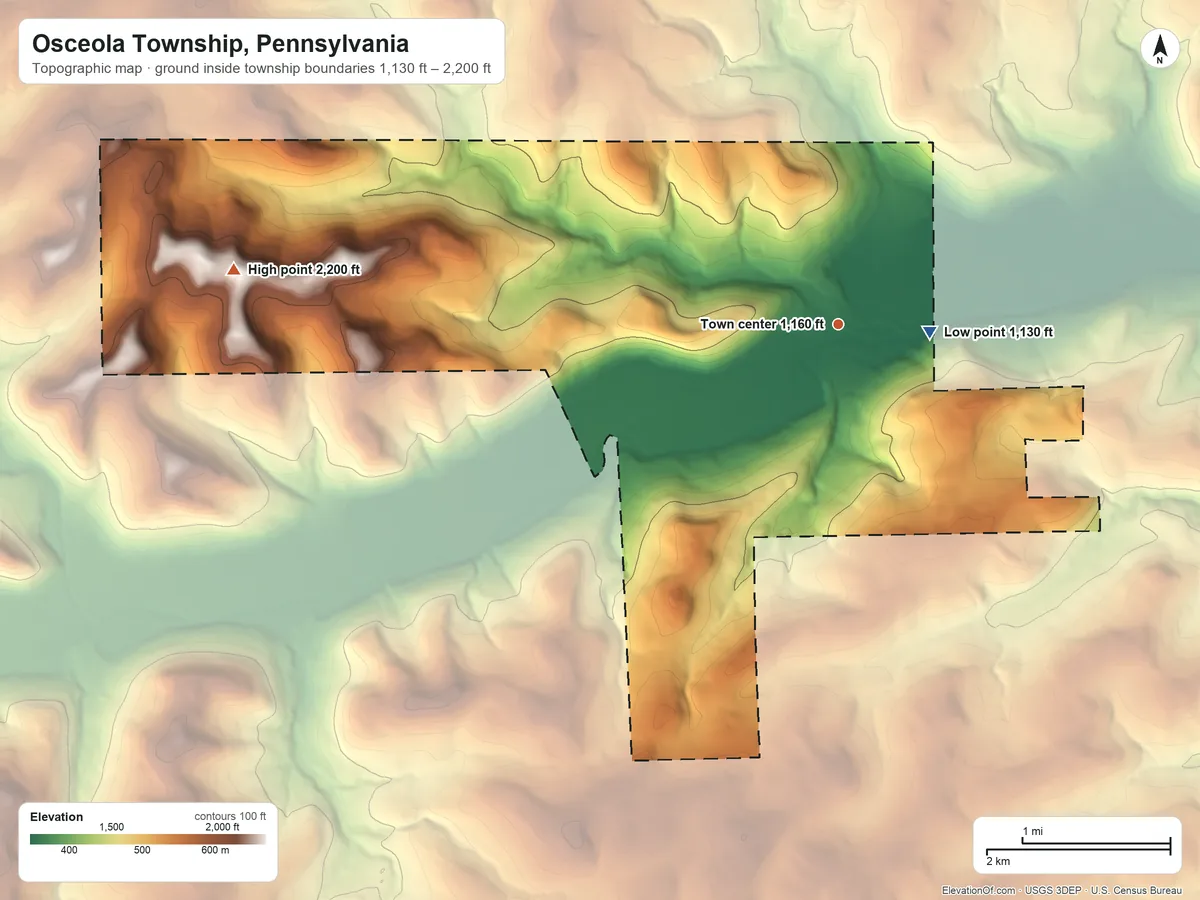 Topographic elevation map of Osceola Township, Pennsylvania, shaded from 1,130 ft near the middle to 2,200 ft on the west side