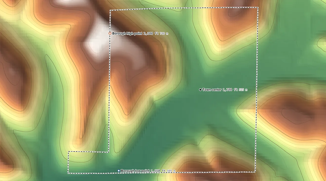 Topographic elevation map of Oswayo, Pennsylvania, shaded from 1,660 ft on the southwest side to 2,300 ft on the northwest side