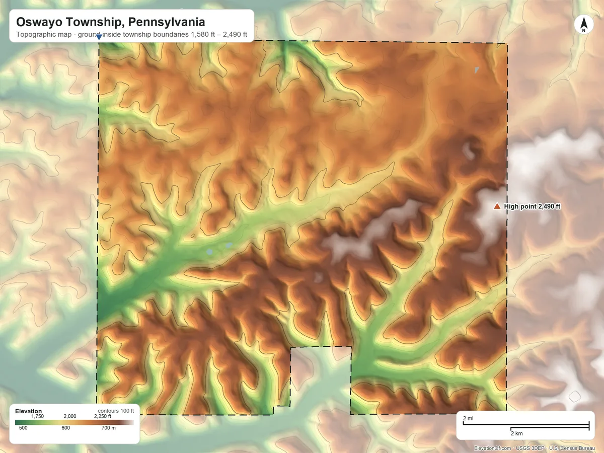 Topographic elevation map of Oswayo Township, Pennsylvania, shaded from 1,580 ft on the northwest side to 2,490 ft on the east side