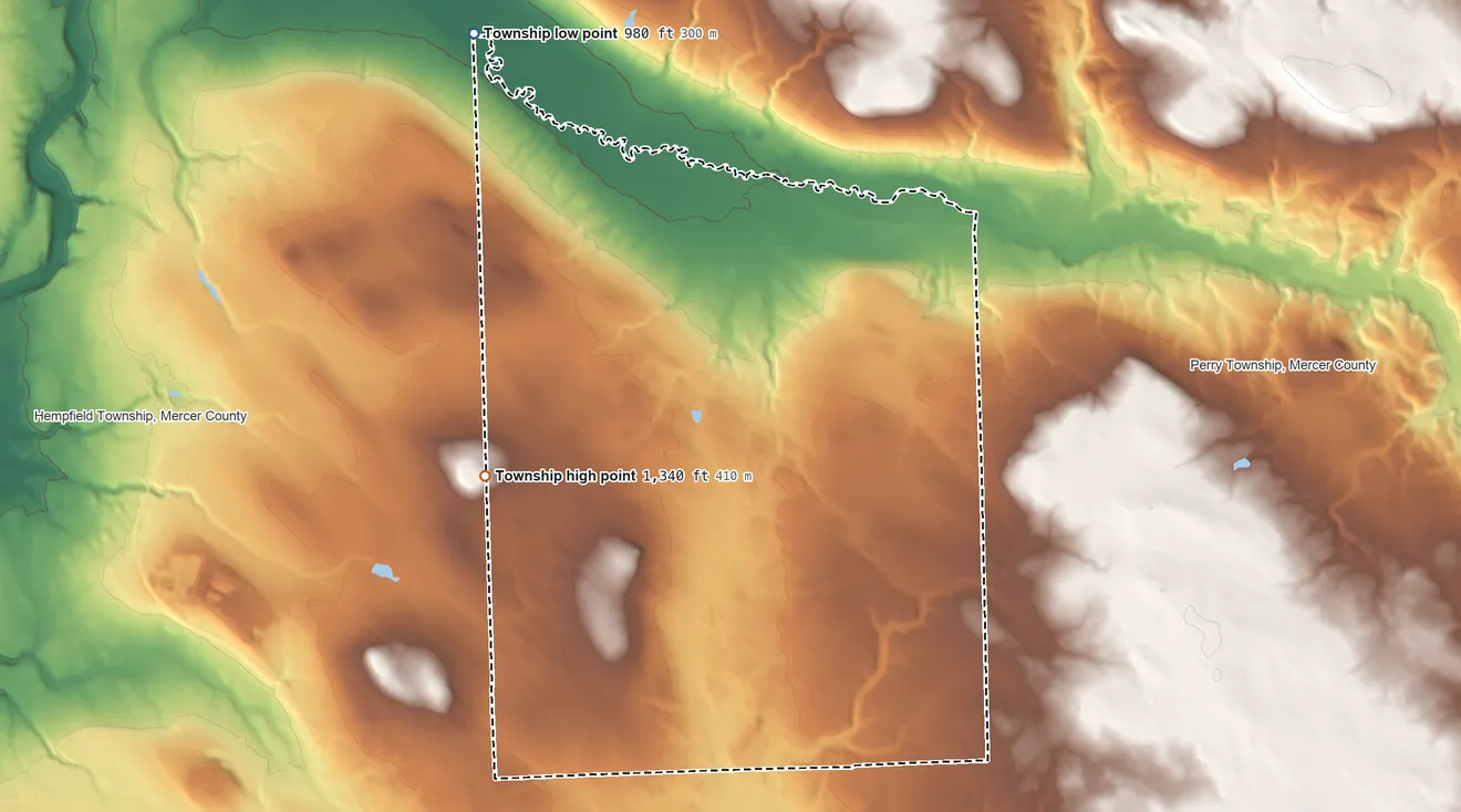 Topographic elevation map of Otter Creek Township, Pennsylvania, shaded from 980 ft on the northwest side to 1,340 ft on the southwest edge, below higher ground just outside