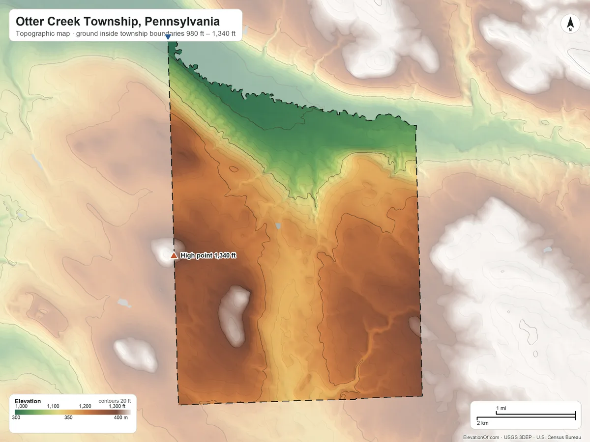 Topographic elevation map of Otter Creek Township, Pennsylvania, shaded from 980 ft on the northwest side to 1,340 ft on the southwest edge, below higher ground just outside