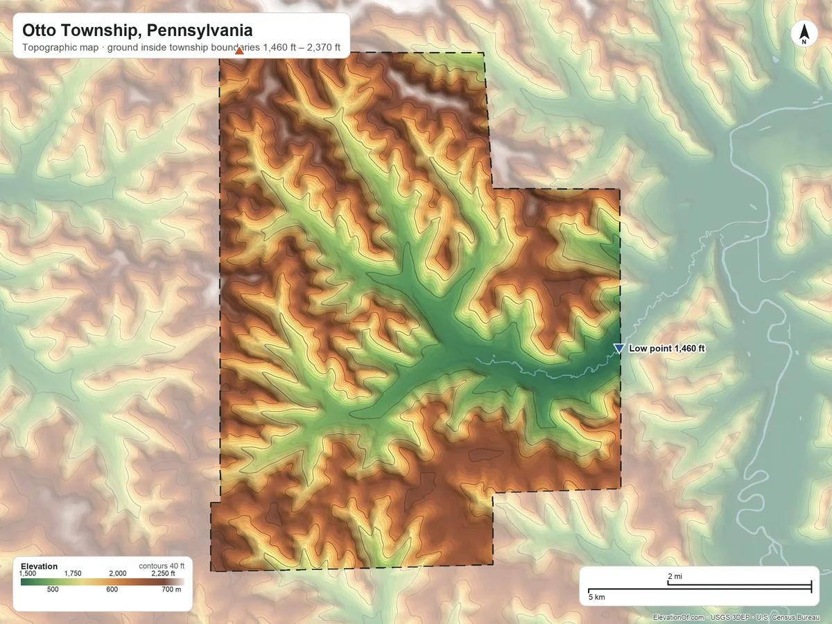 Topographic elevation map of Otto Township, Pennsylvania, shaded from 1,460 ft on the east side to 2,370 ft on the northwest side