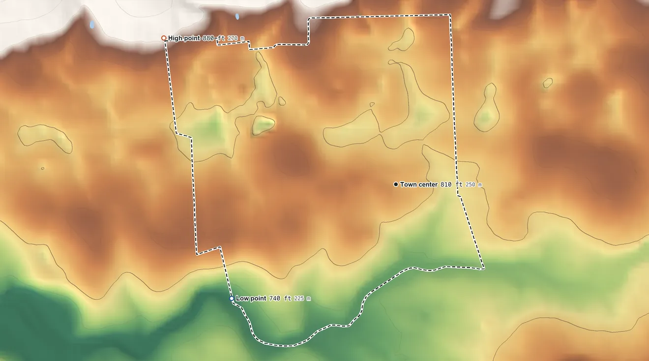 Topographic elevation map of Oval, Pennsylvania, shaded from 740 ft on the southwest side to 880 ft on the northwest edge, below higher ground just outside
