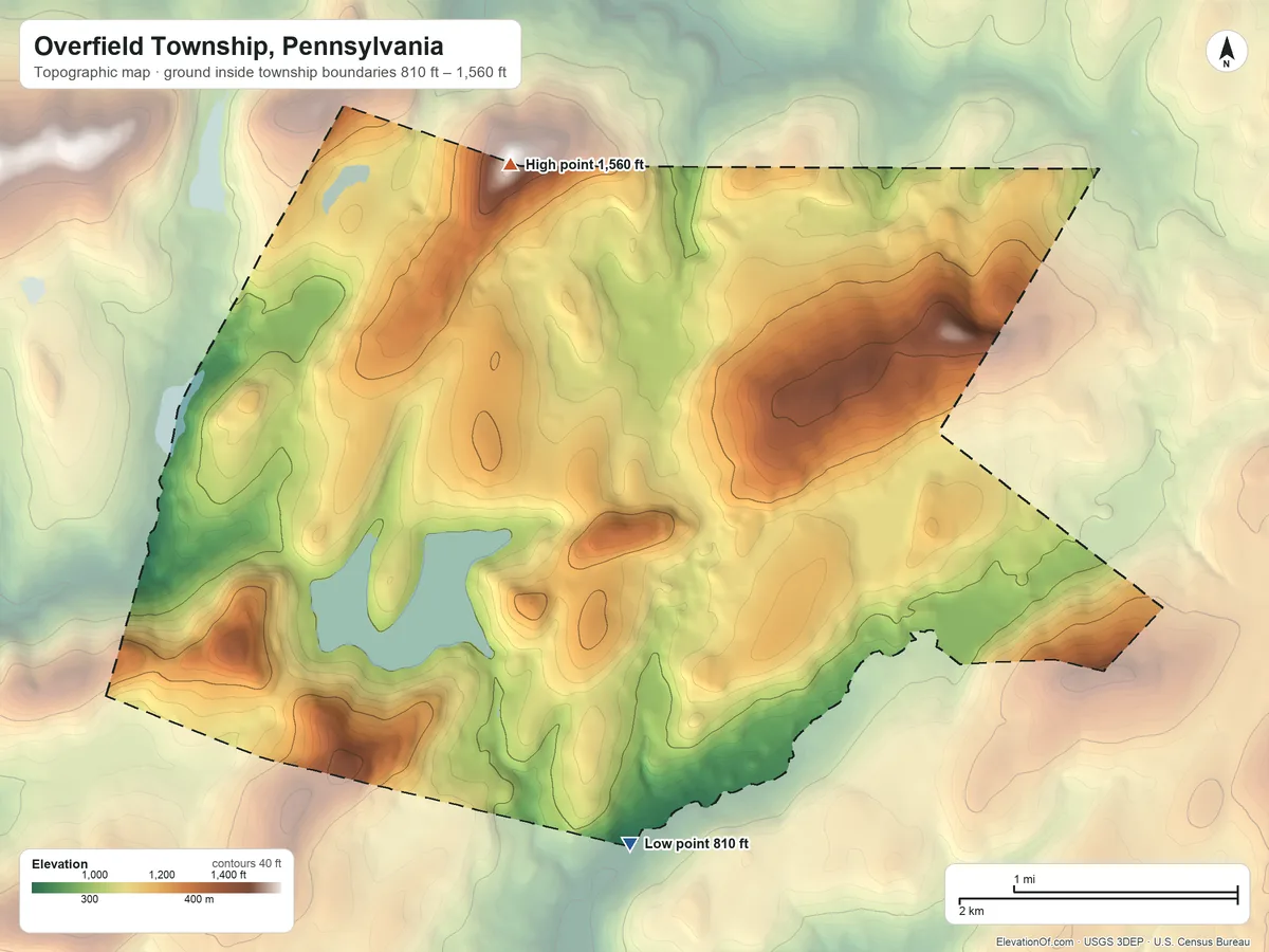 Topographic elevation map of Overfield Township, Pennsylvania, shaded from 810 ft on the south side to 1,560 ft on the north edge, below higher ground just outside