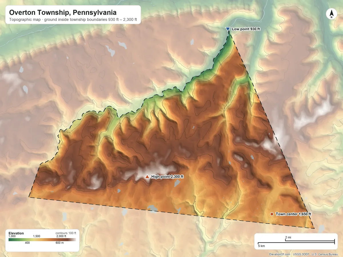 Topographic elevation map of Overton Township, Pennsylvania, shaded from 930 ft on the north side to 2,300 ft on Cahill Mountain