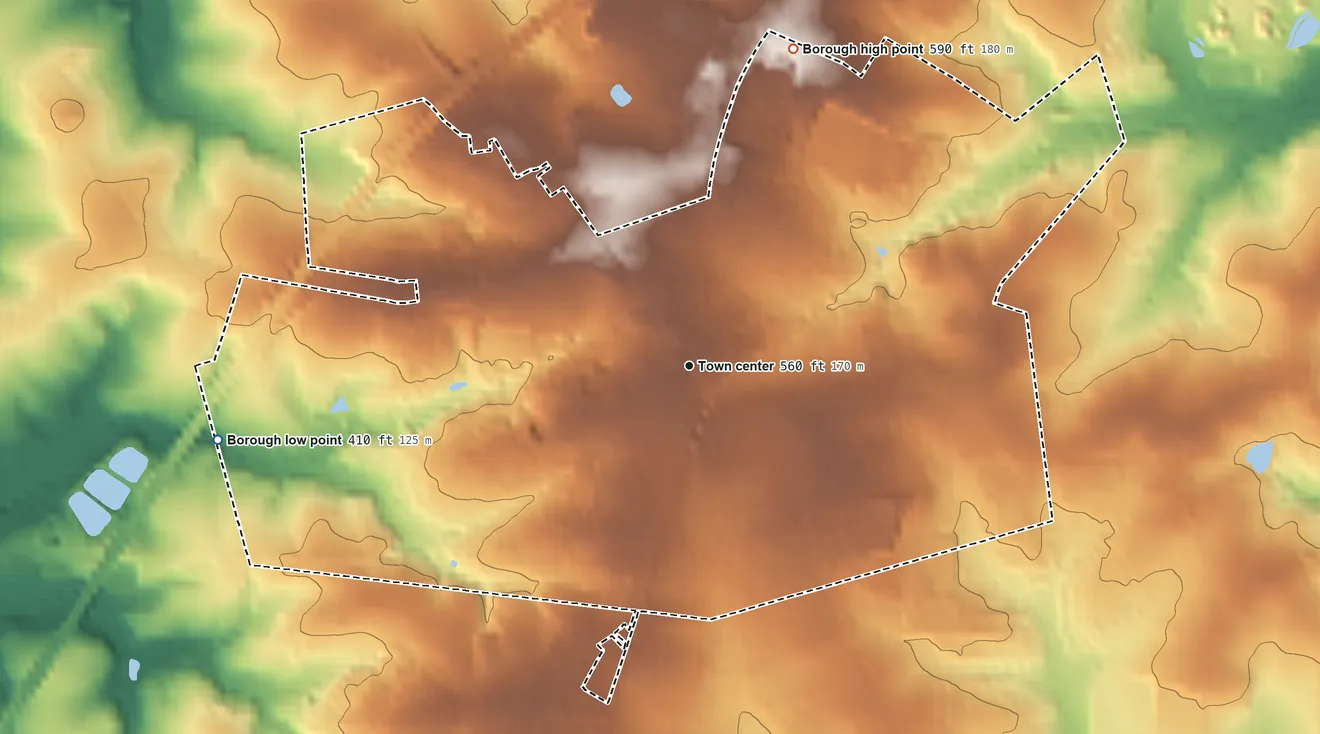 Topographic elevation map of Oxford, Pennsylvania, shaded from 410 ft on the west side to 590 ft on the north side
