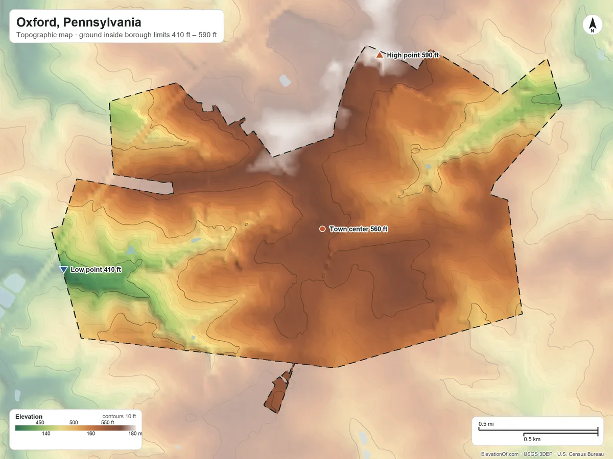 Topographic elevation map of Oxford, Pennsylvania, shaded from 410 ft on the west side to 590 ft on the north side