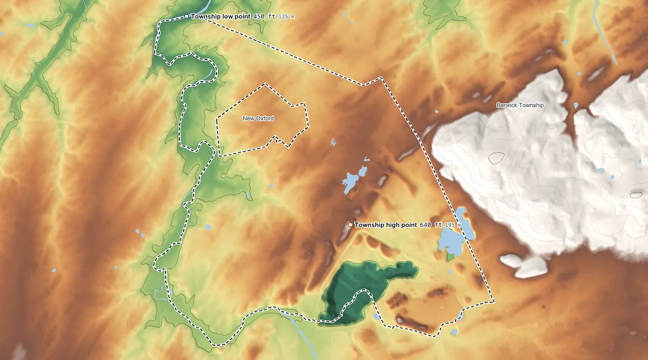 Topographic elevation map of Oxford Township, Pennsylvania, shaded from 450 ft on the northwest side to 640 ft at the foot of the Pigeon Hills