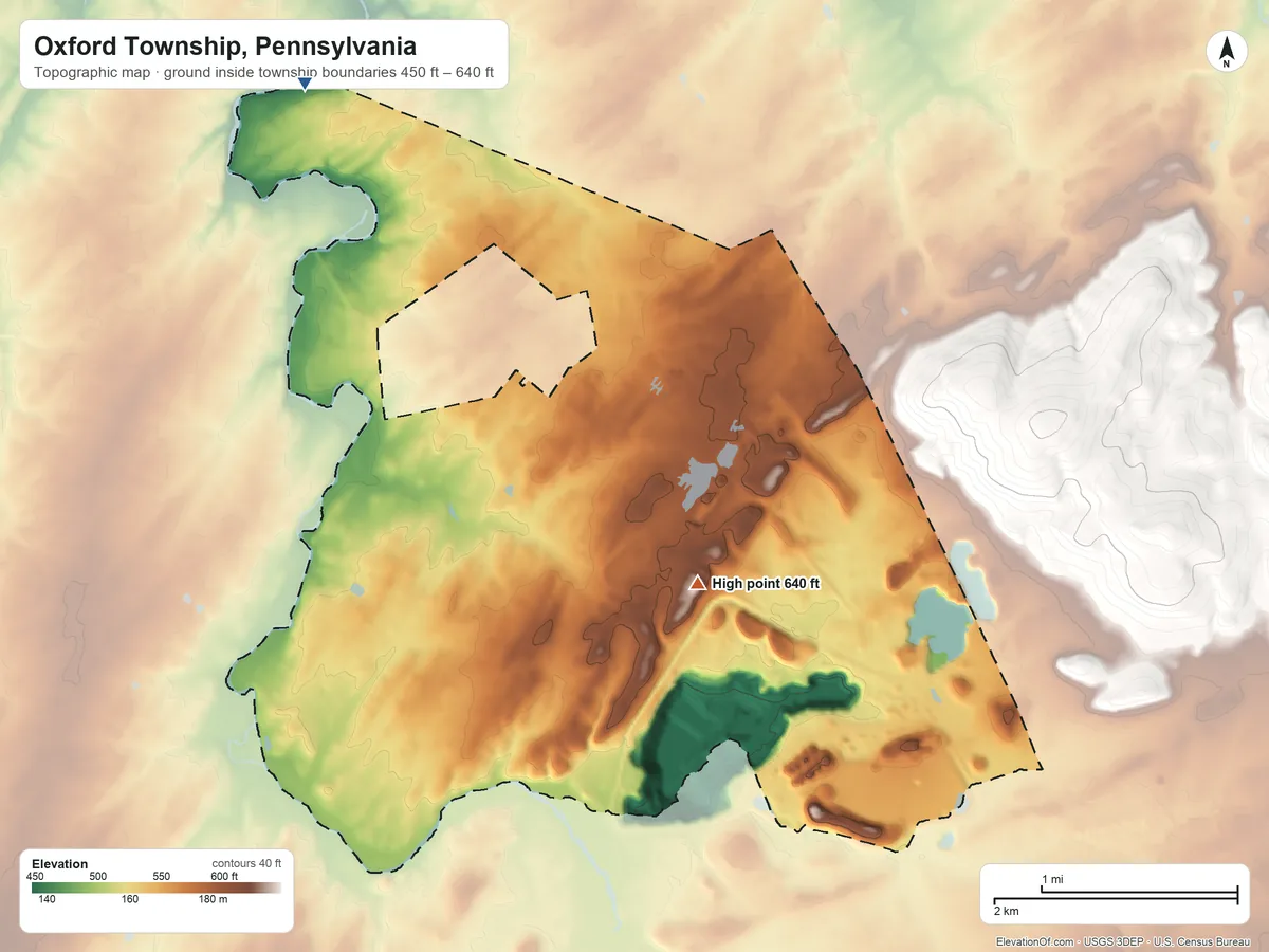 Topographic elevation map of Oxford Township, Pennsylvania, shaded from 450 ft on the northwest side to 640 ft at the foot of the Pigeon Hills
