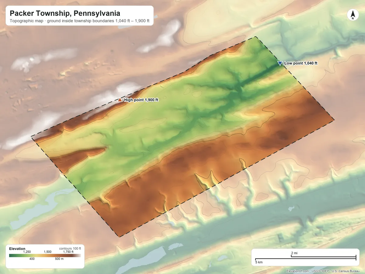 Topographic elevation map of Packer Township, Pennsylvania, shaded from 1,040 ft on the east side to 1,900 ft on the west side