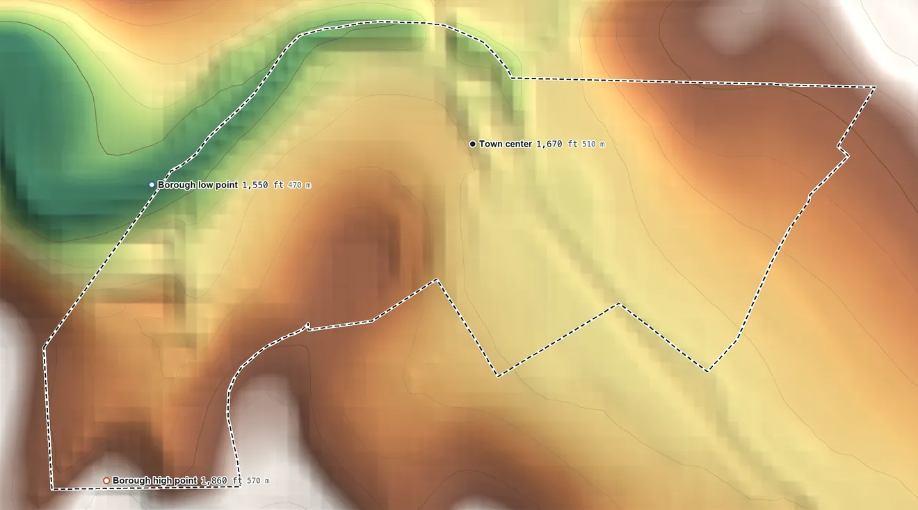 Topographic elevation map of Paint, Pennsylvania, shaded from 1,550 ft on the west side to 1,860 ft at the foot of the Laurel Hill