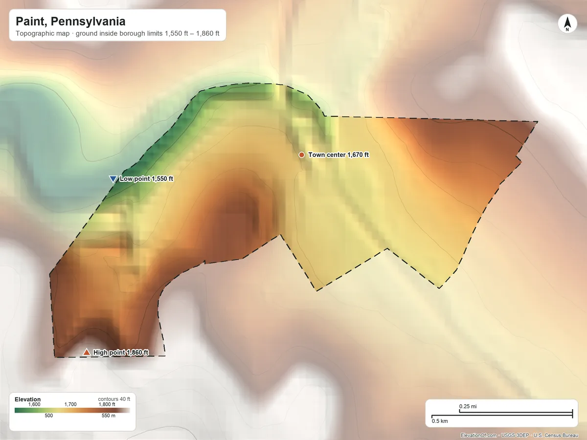 Topographic elevation map of Paint, Pennsylvania, shaded from 1,550 ft on the west side to 1,860 ft at the foot of the Laurel Hill