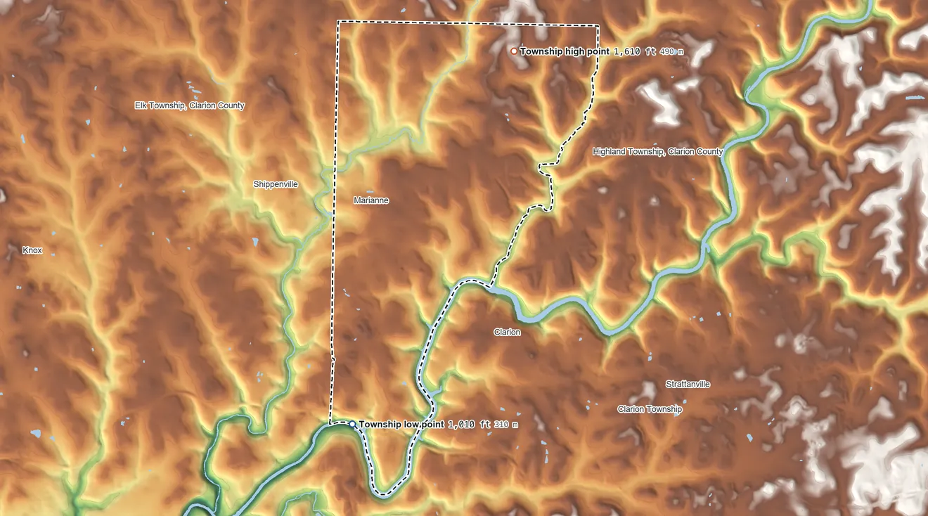 Topographic elevation map of Paint Township, Clarion County, Pennsylvania, shaded from 1,010 ft on the south side to 1,610 ft on the northeast side