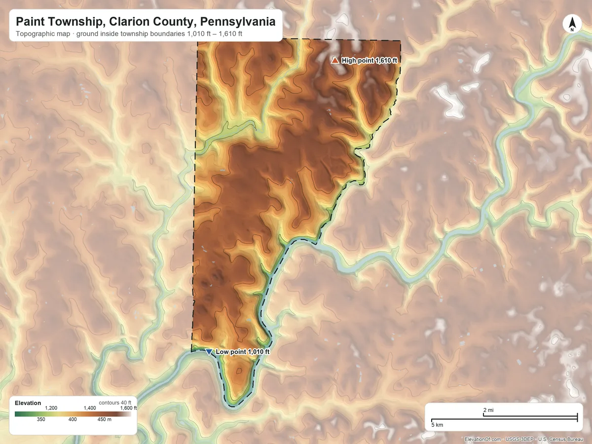 Topographic elevation map of Paint Township, Clarion County, Pennsylvania, shaded from 1,010 ft on the south side to 1,610 ft on the northeast side