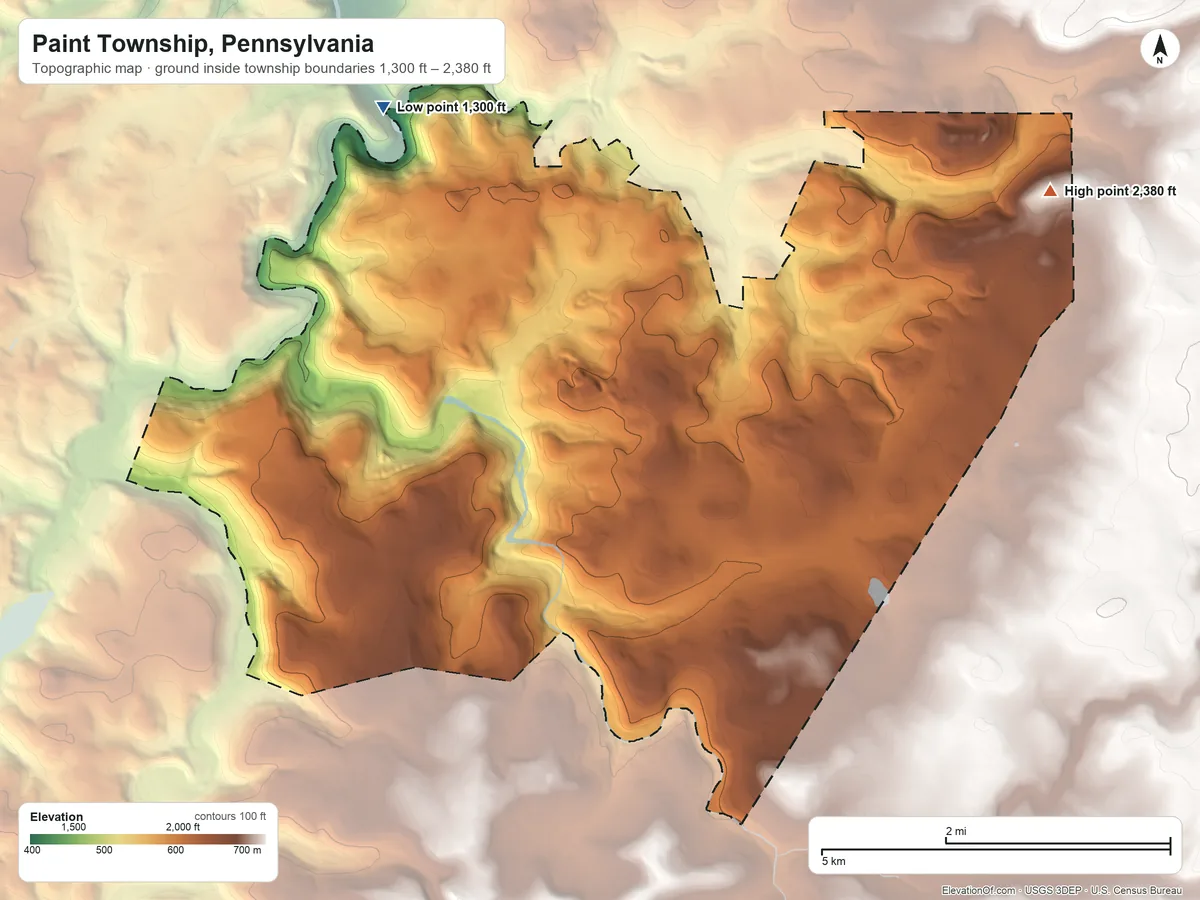 Topographic elevation map of Paint Township, Pennsylvania, shaded from 1,300 ft on the northwest side to 2,380 ft on the northeast side