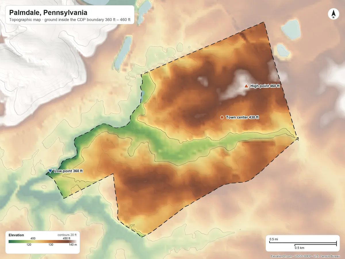 Topographic elevation map of Palmdale, Pennsylvania, shaded from 360 ft on the west side to 460 ft on the northeast side
