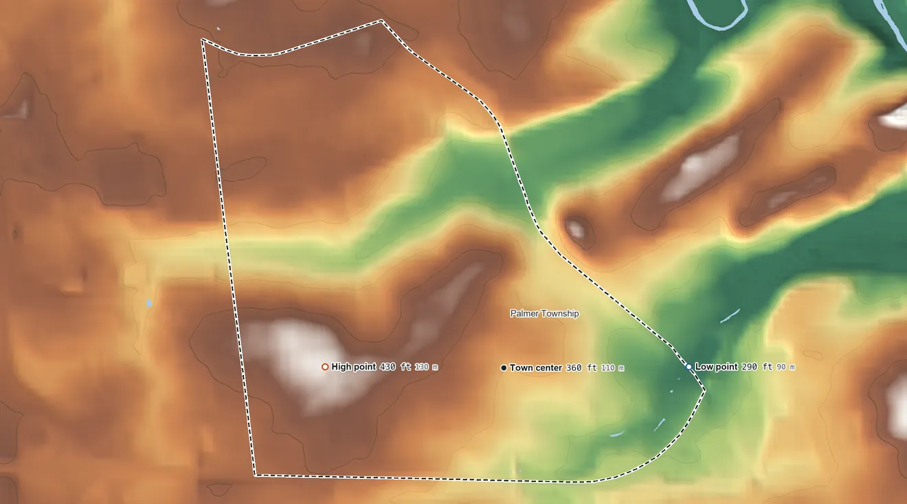 Topographic elevation map of Palmer Heights, Pennsylvania, shaded from 290 ft on the east side to 430 ft on the west side