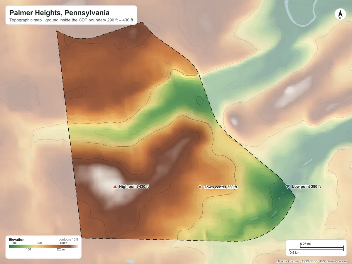 Topographic elevation map of Palmer Heights, Pennsylvania, shaded from 290 ft on the east side to 430 ft on the west side