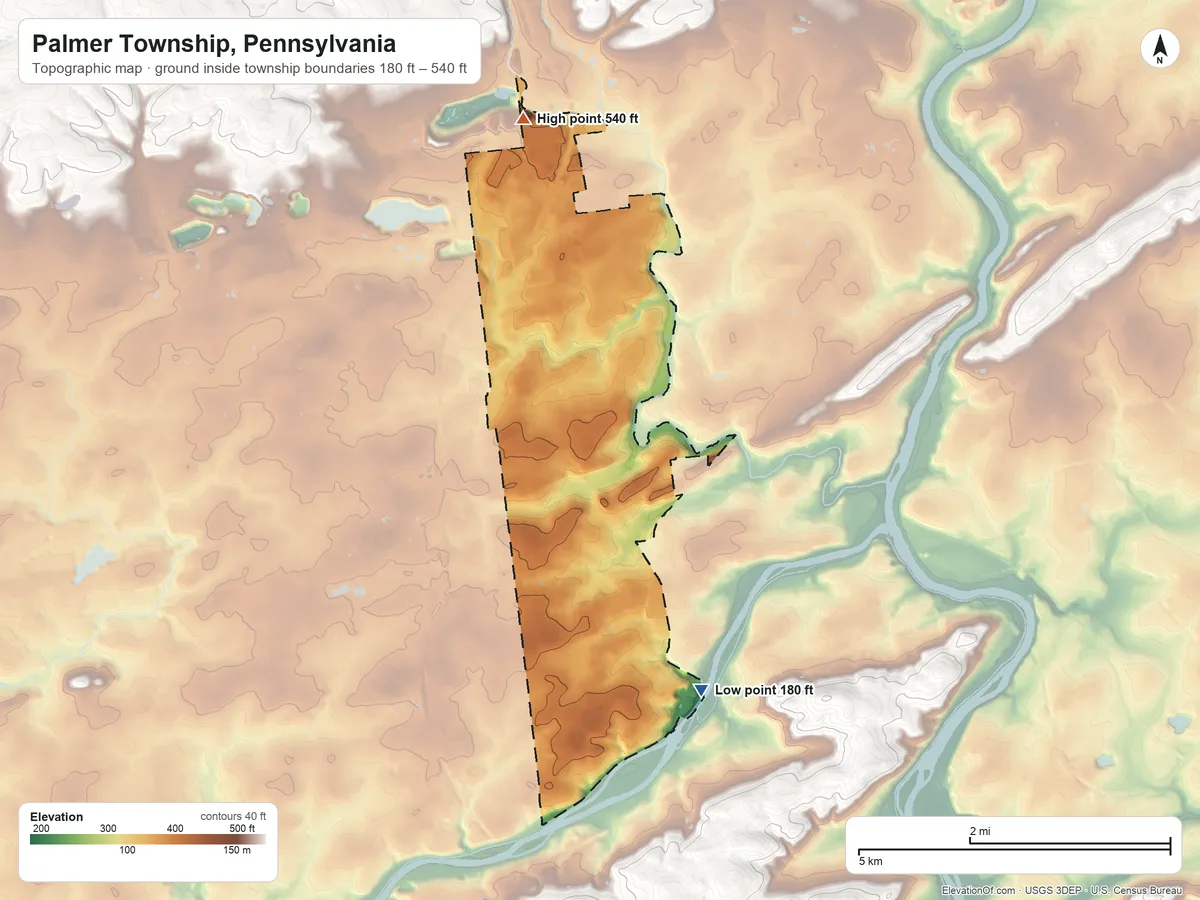 Topographic elevation map of Palmer Township, Pennsylvania, shaded from 180 ft on the southeast side to 540 ft on the north side