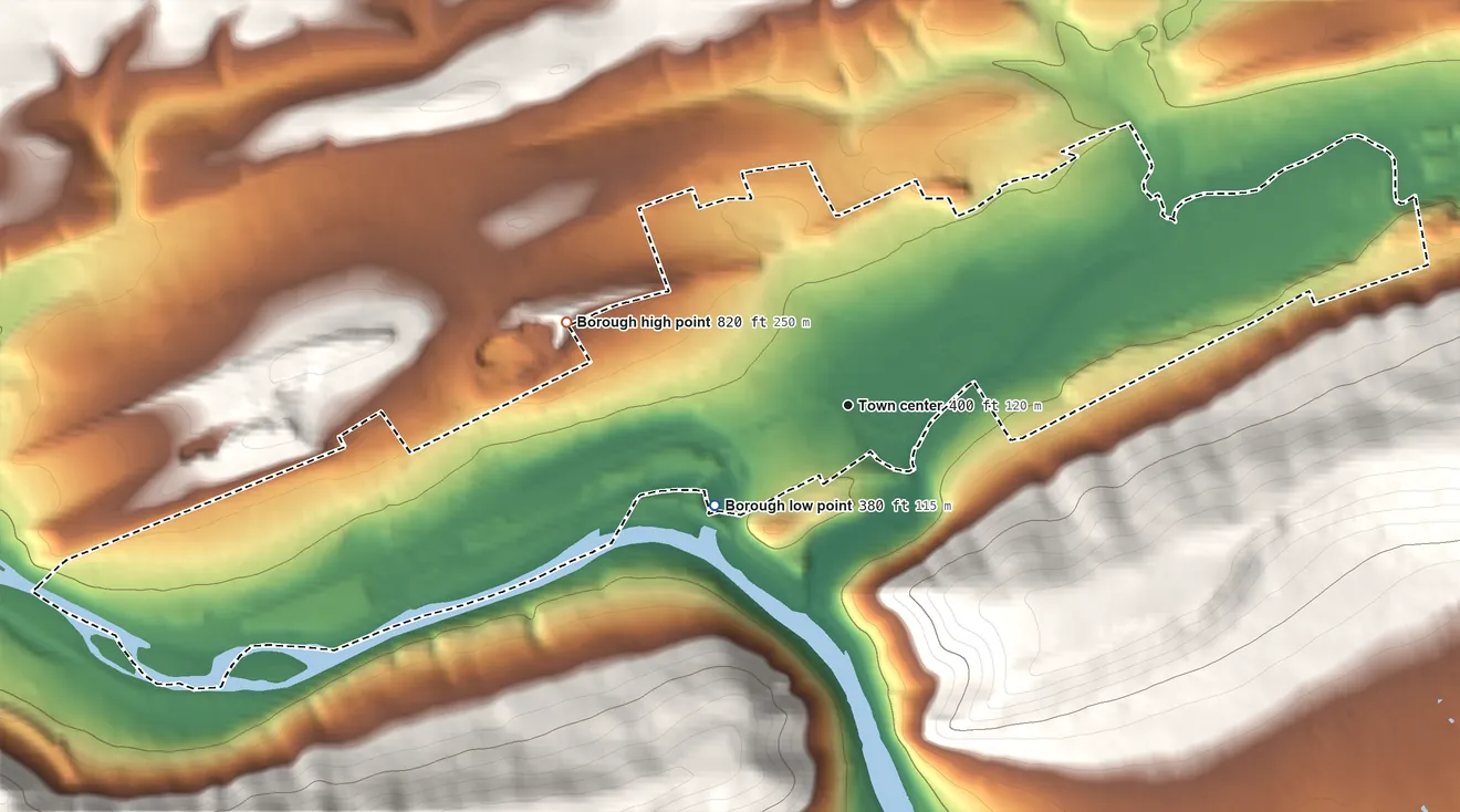 Topographic elevation map of Palmerton, Pennsylvania, shaded from 380 ft on the southwest side to 820 ft at the foot of the Indian Hills