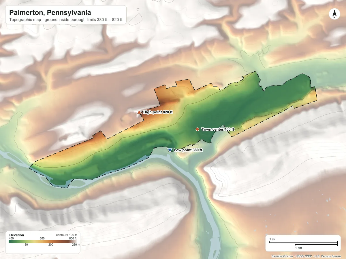 Topographic elevation map of Palmerton, Pennsylvania, shaded from 380 ft on the southwest side to 820 ft at the foot of the Indian Hills