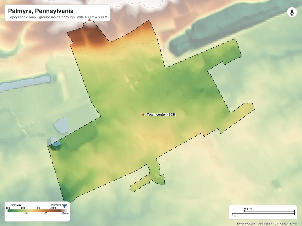 Topographic elevation map of Palmyra, Pennsylvania, shaded from 400 ft on the southwest side to 600 ft on the northwest side